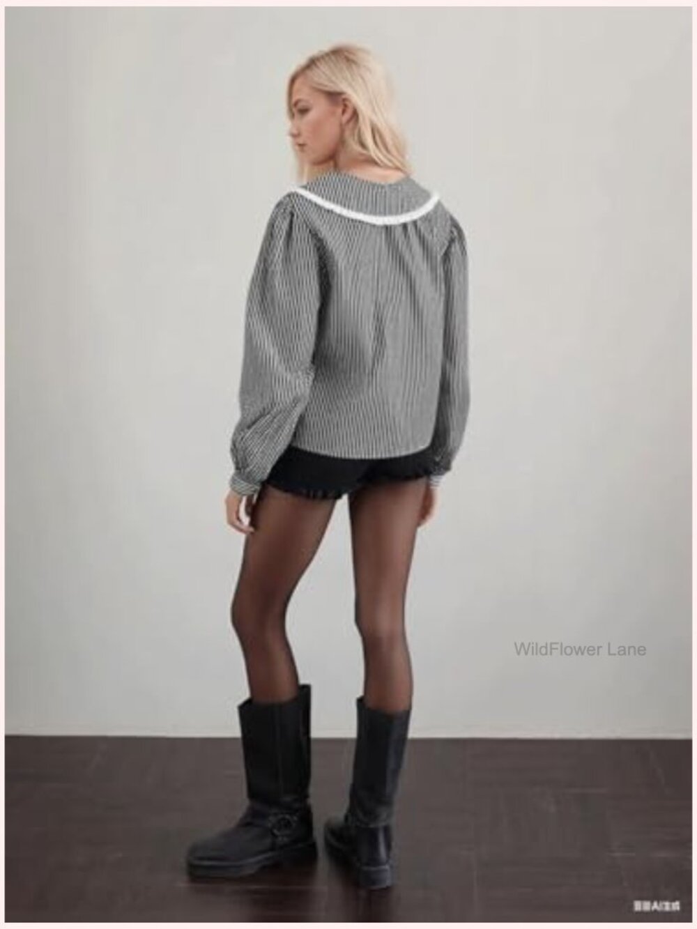Striped V-Neck Button Down Blouse Long Puff Sleeve Babydoll Top - Picture 5 of 5
